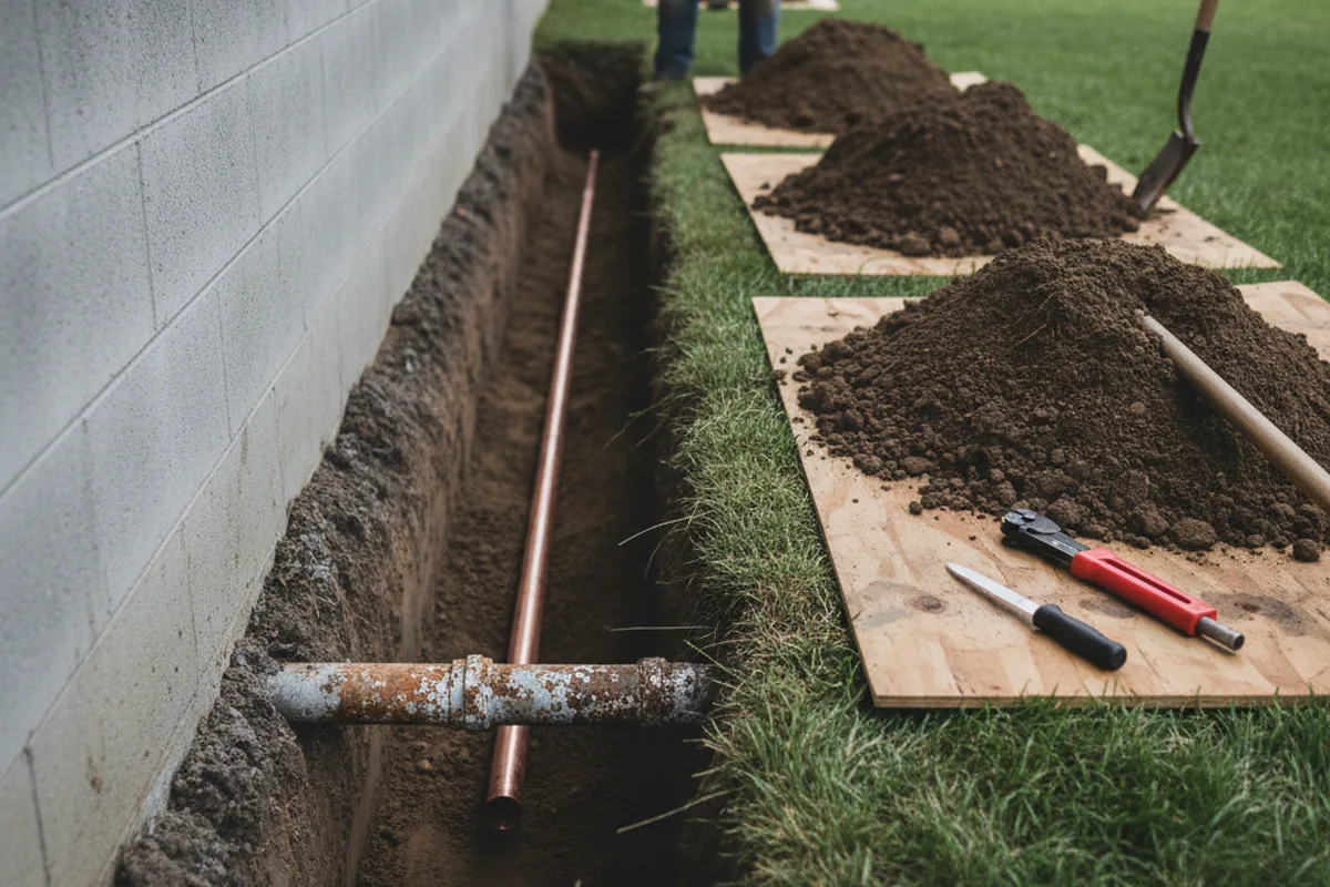 Excavated water line trench during Water Softener Installation in Orefield
